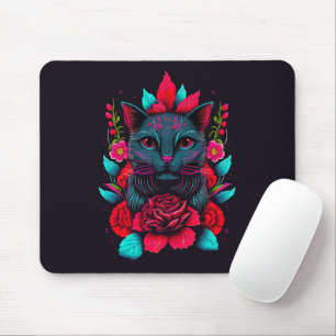 Elegante schwarze Katze umgeben von Rote Rosen   Mousepad