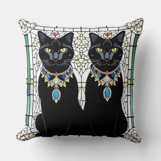 Elegante schwarze Katzen mit Schmuck Kissen (Vorderseite)