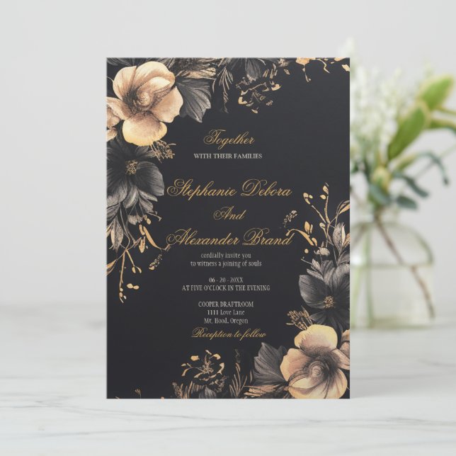 Elegante Schwarze Klassik Dunkelgotische Blumenhoc Einladung (Stehend Vorderseite)