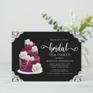 Elegante schwarze Kuchen- und Spitzen-Hochzeitstee Einladung