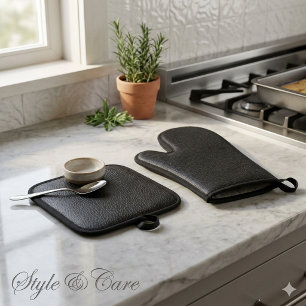 Elegante schwarze Leder-Finish-Textur Ofenhandschuh & Topflappen-Set