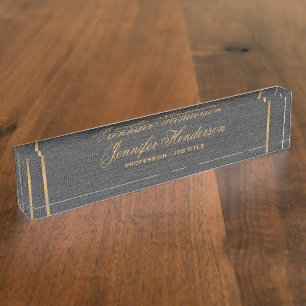 Elegante schwarze Leinenstoff Goldrahmen-Professio Namensplakette