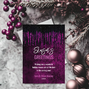Elegante schwarze lila Glitter-Drips-Damaskus Weih Feiertagskarte