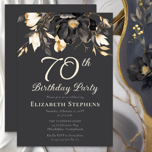 Elegante schwarze Magnolien-Blumenparty zum 70. Ge Einladung