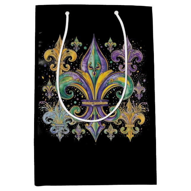Elegante schwarze Mardi-Gras-Farben  Mittlere Geschenktüte (Vorderseite)