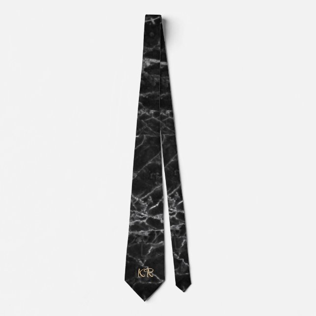 Elegante schwarze Marmor-Muster-Initialen Krawatte (Vorderseite)
