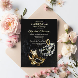 Elegante schwarze Maskerade, Masken-Sweet-Sixteen Einladungspostkarte