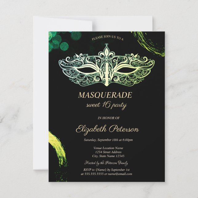 Elegante Schwarze Masquerade, Chic Masque Sweet 16 Einladung (Vorderseite)