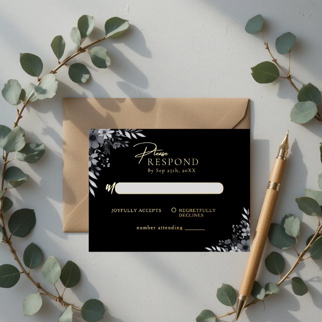 Elegante schwarze minimalistische florale Hochzeit Folie Einladungspostkarte (Elegant Black Minimalist Floral Wedding RSVP Foil Invitation Postcard)