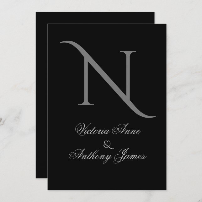 Elegante Schwarze Monogramm erste Hochzeit Einladung (Vorne/Hinten)