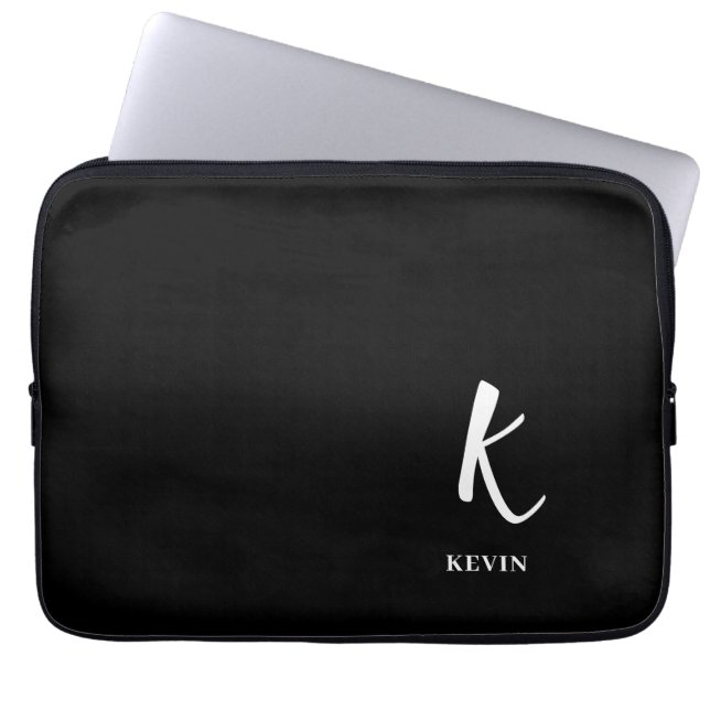 Elegante schwarze Monogramm-Laptoptasche Laptopschutzhülle (Vorderseite)