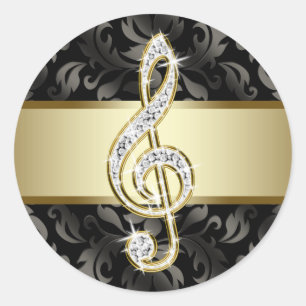 Elegante schwarze Notenschlüssel-Aufkleber in Gold Runder Aufkleber