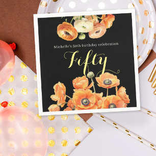 Elegante schwarze orangefarbene Blumenparty zum 50 Serviette