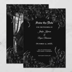 Elegante schwarze Orchidee Gothic Hochzeit Save-th Ankündigung