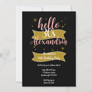 Elegante schwarze pink-goldene Hello 30er Geburtst Einladung