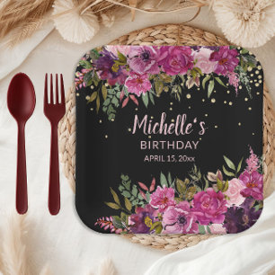 Elegante schwarze pink lila Blumen Glitter Geburts Pappteller