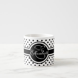 Elegante schwarze Polka Punkte auf weißem Monogram Espressotasse