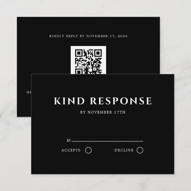 Elegante schwarze QR-Code-Hochzeit RSVP Karte (Vorne/Hinten)