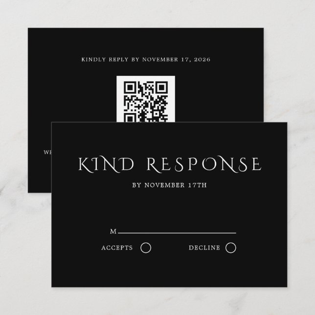 Elegante schwarze QR-Code-Hochzeit RSVP Karte (Vorne/Hinten)