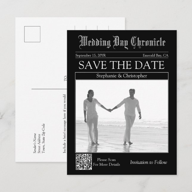 Elegante schwarze QR-Code-Zeitungs-Hochzeit-Save-t Postkarte (Vorne/Hinten)