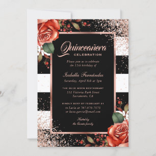 Elegante Schwarze Rose Gold Rote Flora Quinceñera Einladung