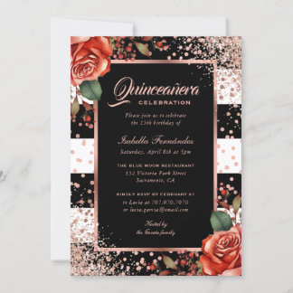 Elegante Schwarze Rose Gold Rote Flora Quinceñera Einladung