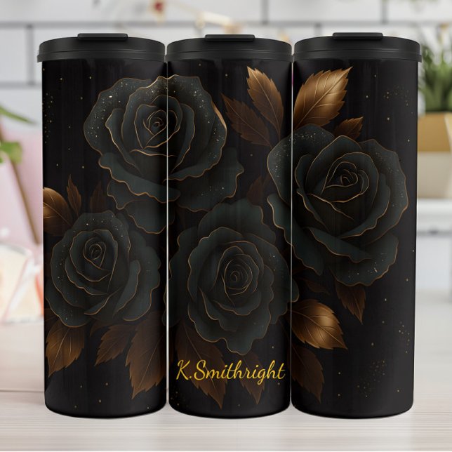 Elegante Schwarze Rose Goldene Akzente Thermosbecher (Von Creator hochgeladen)
