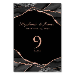 Elegante schwarze Rose-Goldfolie-Achat-Hochzeit Tischnummer