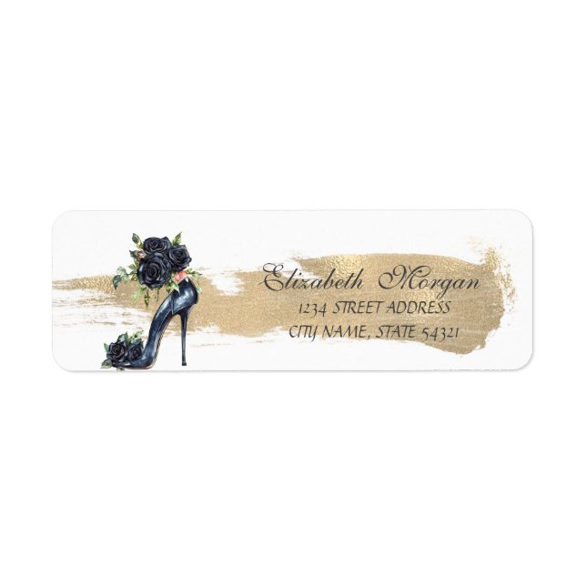 Elegante Schwarze Rose High Heels Gold Pinselstric (Vorne)