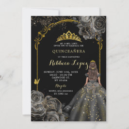 Elegante Schwarze Rose und Goldprinzessin Quinceañ Einladung