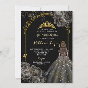 Elegante Schwarze Rose und Goldprinzessin Quinceañ Einladung