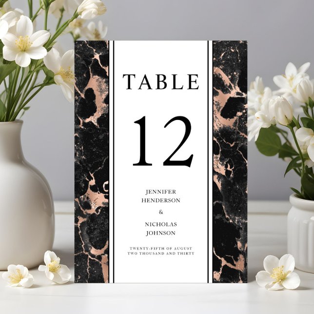 Elegante schwarze Roségold-Marmor-Hochzeit  Tischnummer (Elegant Black Rose Gold Marble Wedding Table Number)