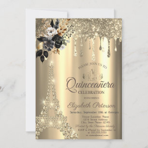 Elegante schwarze Rosen Eiffelturm Goldtropfen Einladung