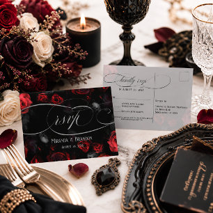 Elegante schwarze rote Blumen Hochzeit RSVP Postka Ankündigungspostkarte