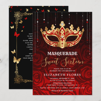 Elegante Schwarze Rote Rose Gold Masquerade Sweet Einladung