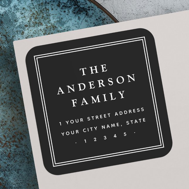 Elegante schwarze Rücksendeadresse mit Familiennam Quadratischer Aufkleber (Elegant family name border black return address square sticker)