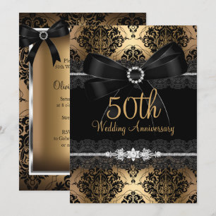 Elegante schwarze Schleife & Damast Gold 50. Jubil Einladung