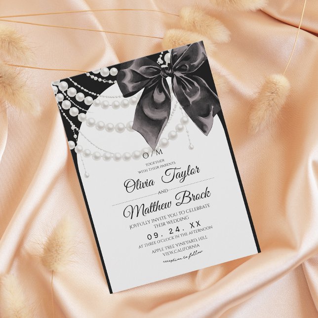 Elegante schwarze Schleife Perlen Hochzeit Einladung (Von Creator hochgeladen)