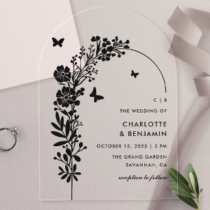 Elegante schwarze Schmetterlings-Botanik-Hochzeit Acryleinladungen