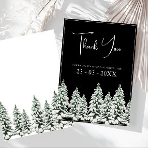 Elegante schwarze schneebedeckte Kiefern-Hochzeit Dankeskarte