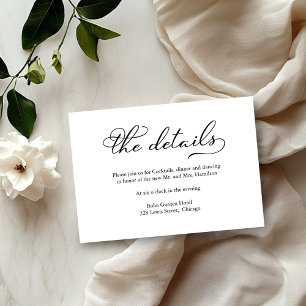 Elegante schwarze Schrift Hochzeitsdetails Karte