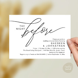 Elegante schwarze Schrift Hochzeitsprobe Dinner Einladung