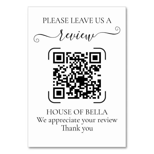 Elegante schwarze Schrift-QR-Code-Geschäftsbewertu Tischnummer (Vorderseite)