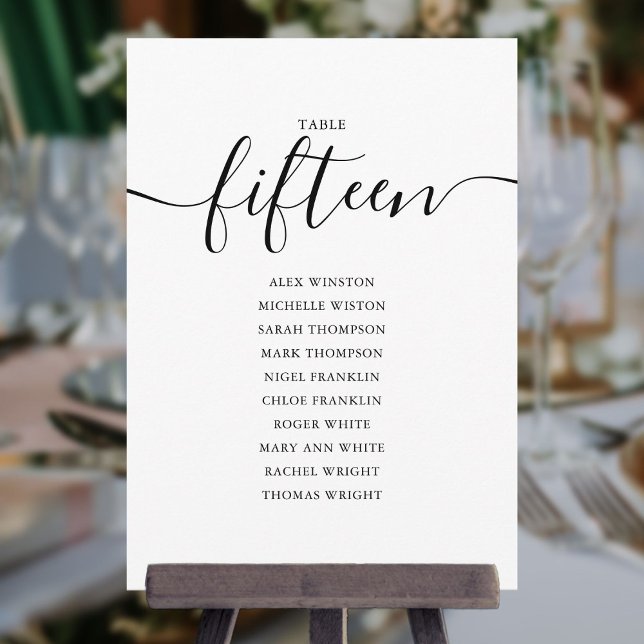 Elegante schwarze Schrift Tisch Nummer 15 Sitzplan Einladung (Von Creator hochgeladen)
