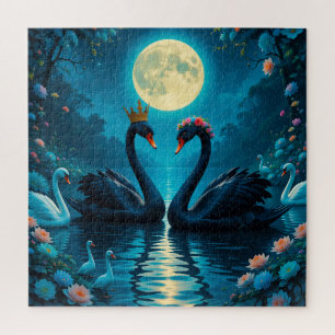 Elegante schwarze Schwäne unter Vollmond Puzzle