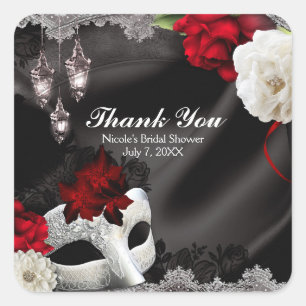 Elegante schwarze Seiden-Blumen- und Spitzen-Maske Quadratischer Aufkleber