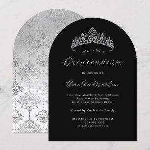 Elegante schwarze Silber-Tiara Quinceanera  Einladung