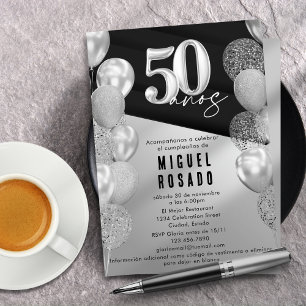 Elegante schwarze Silberballons 50. Geburtstagsfei Einladung