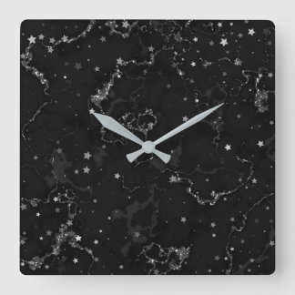 Elegante schwarze Silbermarmorstars Quadratische Wanduhr