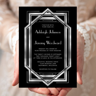 Elegante schwarze silberne Vintage-Hochzeit im Sti Einladung